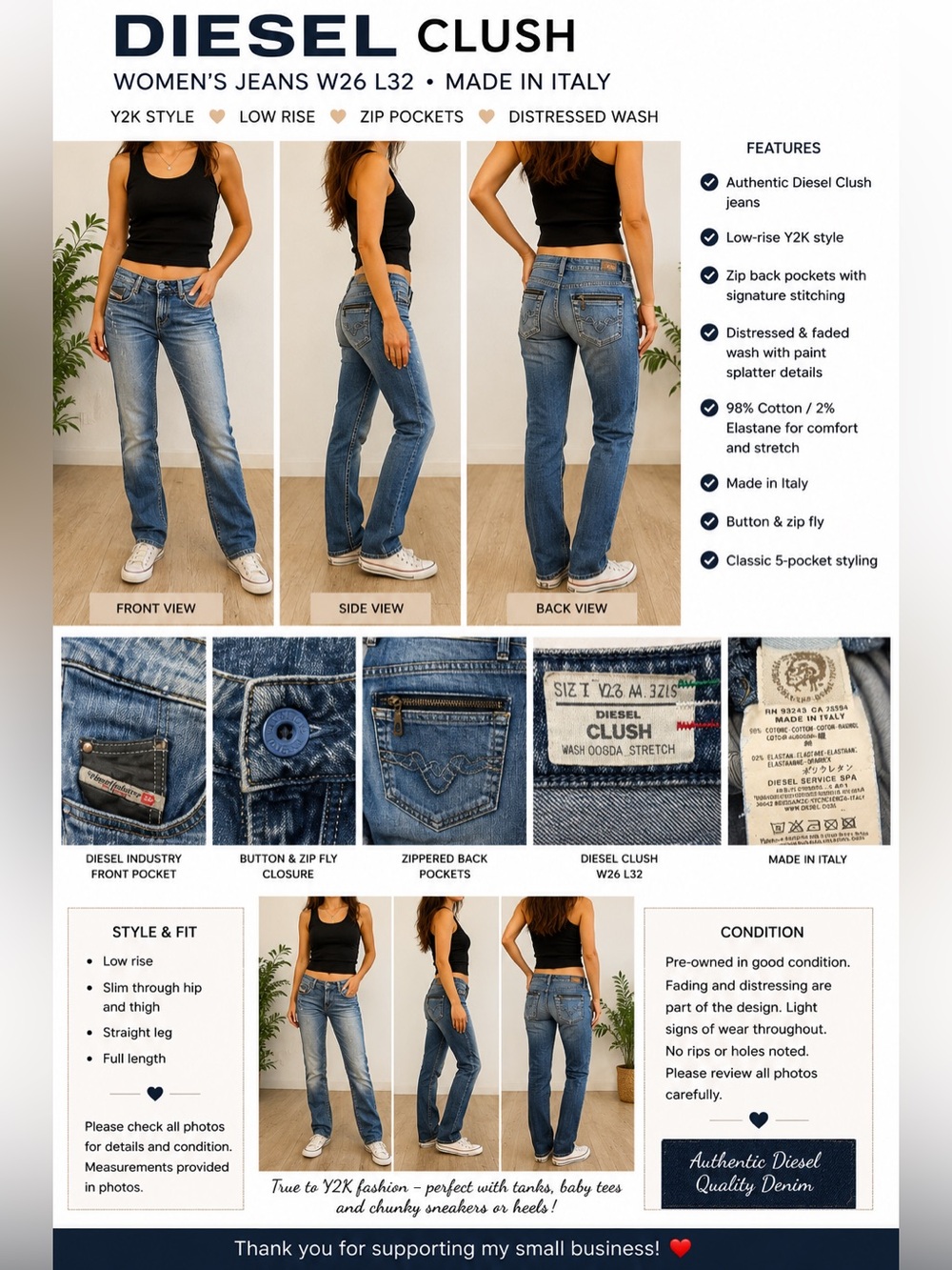 Diesel Clush Women’s Jeans W26 L32 Made in Italy Y2K Distressed Zip Pocket Denim